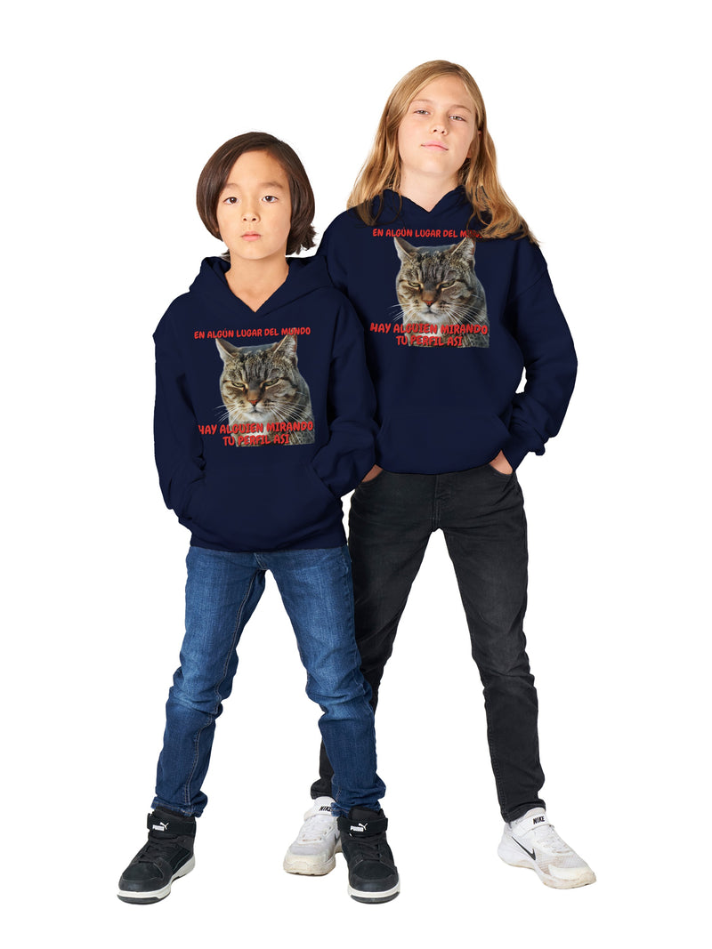 Sudadera con capucha júnior estampado de gato "Mirada Inquisitiva" Michilandia | La tienda online de los fans de gatos