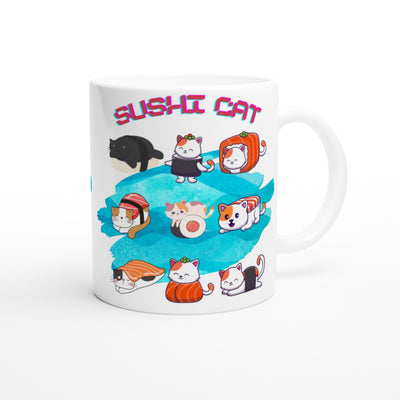 Taza Blanca con Impresión de Gato "Sushi y Ronroneos" Michilandia | La tienda online de los fans de gatos