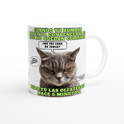 Taza blanca con impresión de gato "El Detector de Golosinas" Michilandia | La tienda online de los amantes de gatos