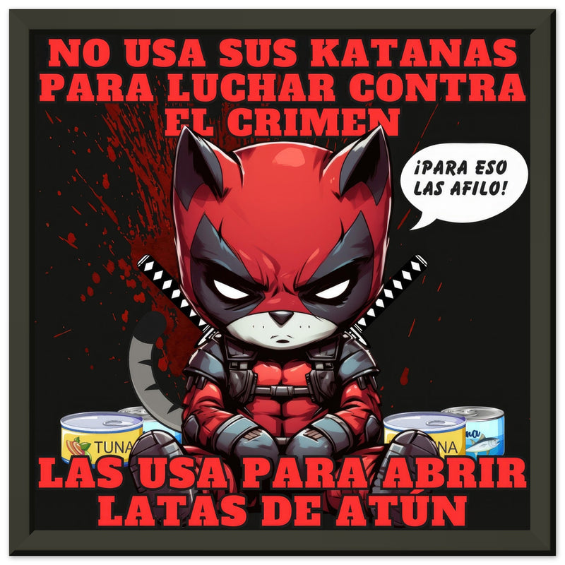 Póster Semibrillante de Gato con Marco Metal "Katanas y Latas" Michilandia | La tienda online de los amantes de gatos