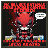 Póster Semibrillante de Gato con Marco Metal "Katanas y Latas" 30x30 cm / 12x12″