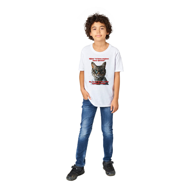 Camiseta Junior Unisex Estampado de Gato "Promesa de Ejercicio" Michilandia | La tienda online de los fans de gatos