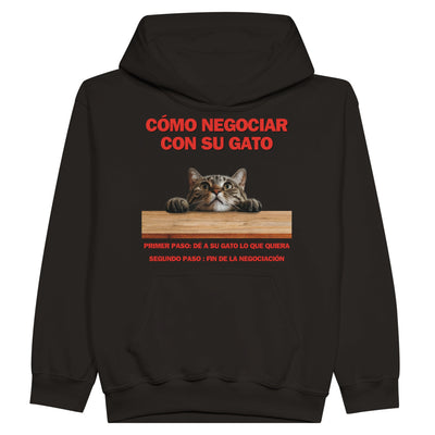 Sudadera con capucha júnior estampado de gato "Tácticas de Negociación" Michilandia | La tienda online de los fans de gatos