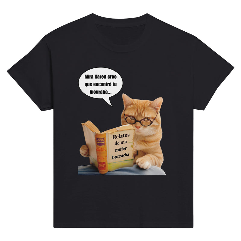 Camiseta Junior Unisex Estampado de Gato "Biografía de Karen" Michilandia