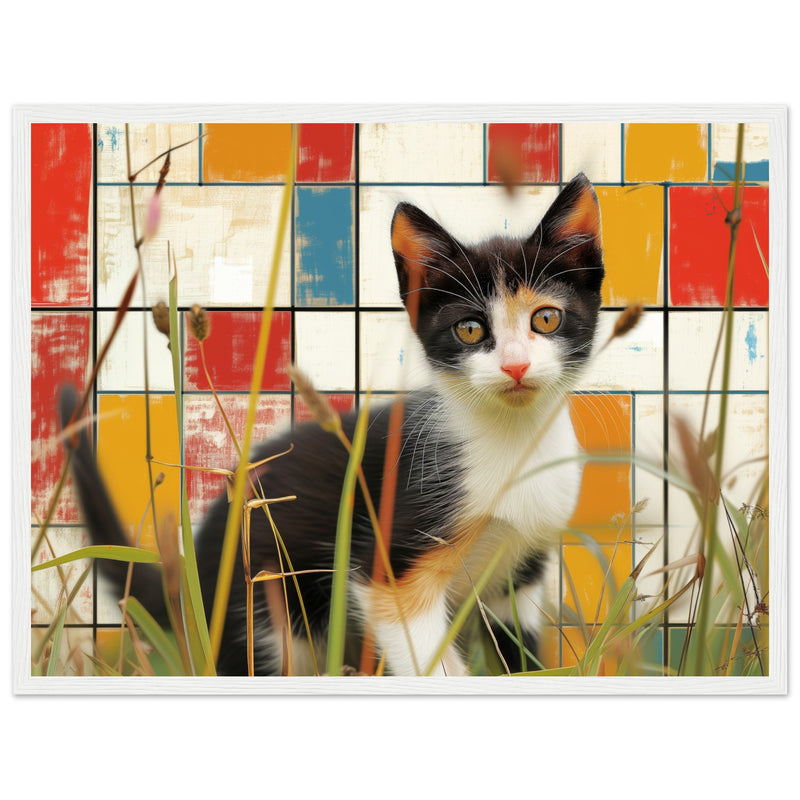 Póster de gato con marco de madera "Contrastes de Mondrian" Michilandia | La tienda online de los fans de gatos