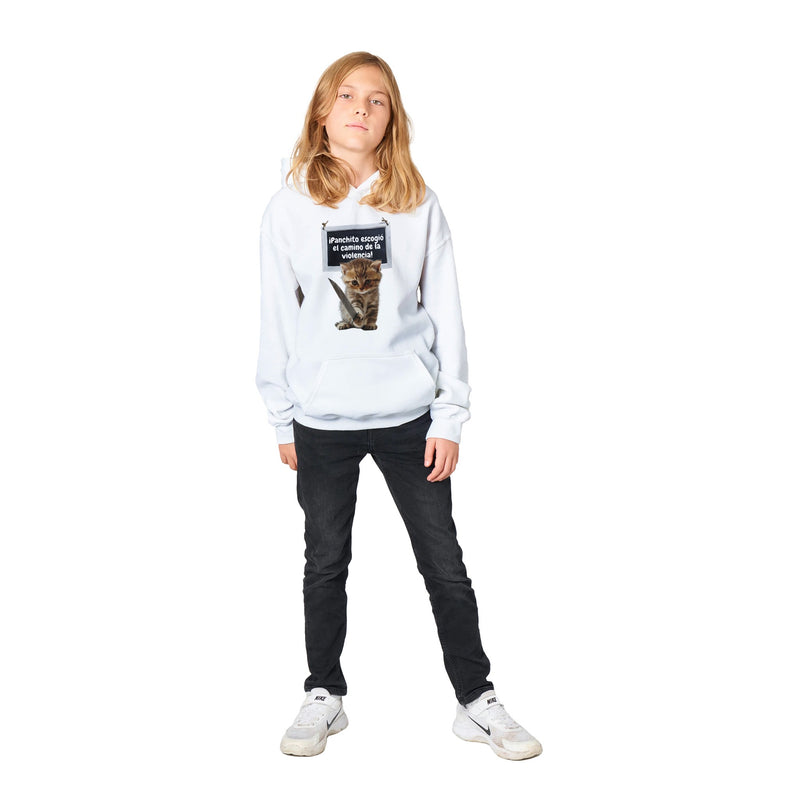 Sudadera con capucha júnior estampado de gato "Panchito y Su Camino" Michilandia | La tienda online de los fans de gatos