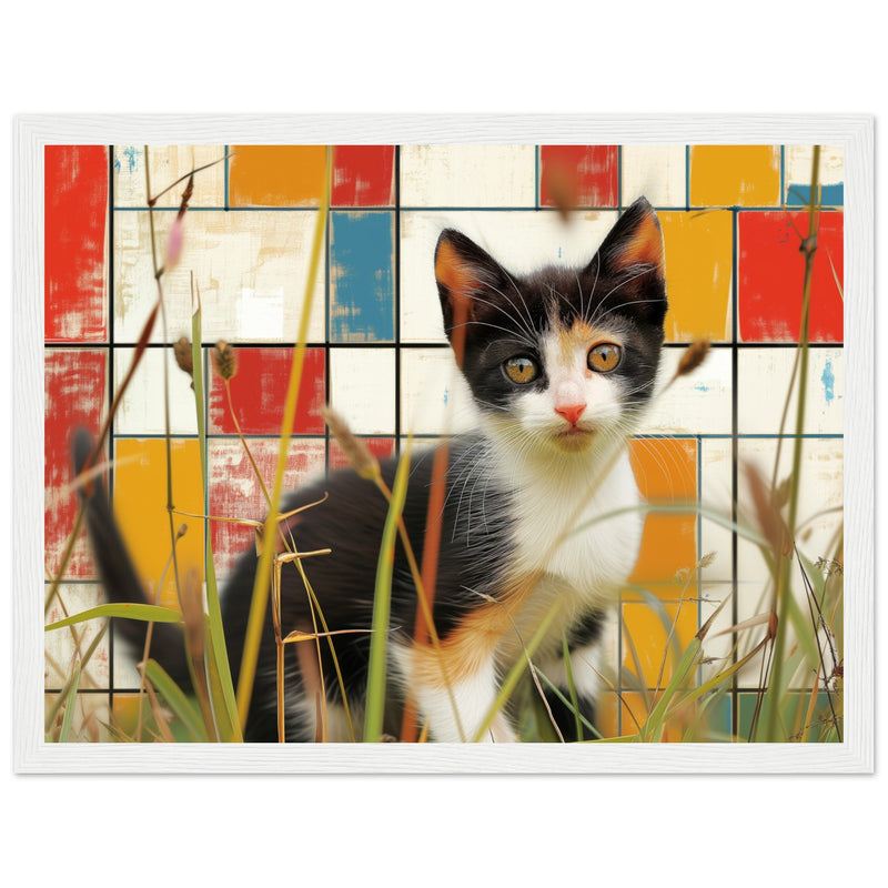 Póster de gato con marco de madera "Contrastes de Mondrian" Michilandia | La tienda online de los fans de gatos