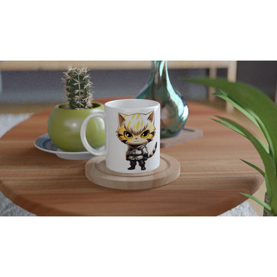 Taza blanca con impresión de gato "Gatenos: El Cyborg Felino" Michilandia | La tienda online de los amantes de gatos