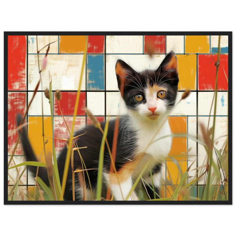 Póster de gato con marco de madera "Contrastes de Mondrian" Michilandia | La tienda online de los fans de gatos