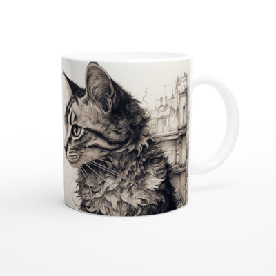 Taza blanca con impresión de gato "Miradas Cómplices en Boceto" Gelato