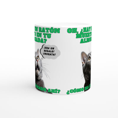 Taza blanca con impresión de gato "Regalo Sorpresa" Michilandia | La tienda online de los amantes de gatos