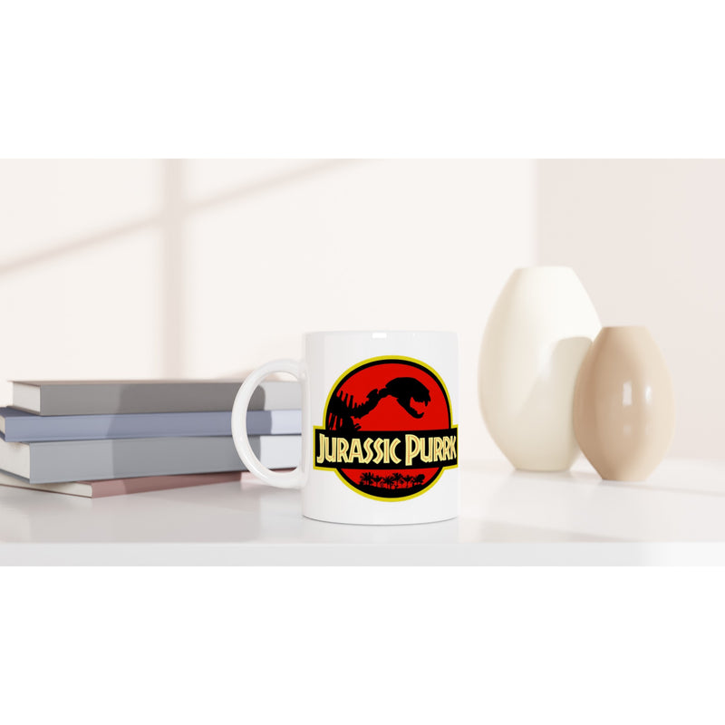 Taza Blanca con Impresión de Gato "Jurassic Purrk" Michilandia | La tienda online de los fans de gatos