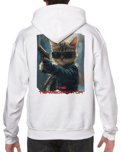 Sudadera con capucha Prémium Unisex Impresión Trasera de Gato "Hasta la Vista, Miau" Michilandia | La tienda online de los fans de gatos