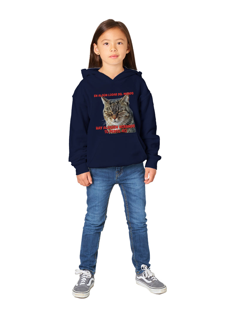 Sudadera con capucha júnior estampado de gato "Mirada Inquisitiva" Michilandia | La tienda online de los fans de gatos