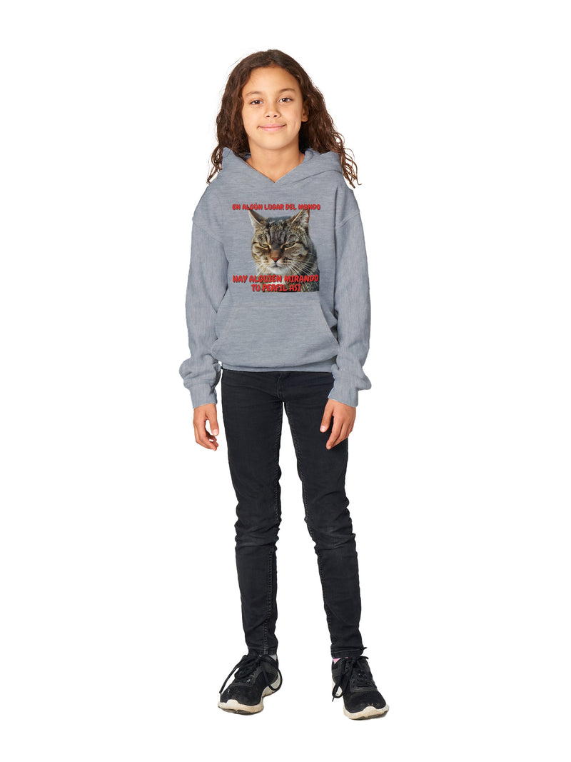 Sudadera con capucha júnior estampado de gato "Mirada Inquisitiva" Michilandia | La tienda online de los fans de gatos