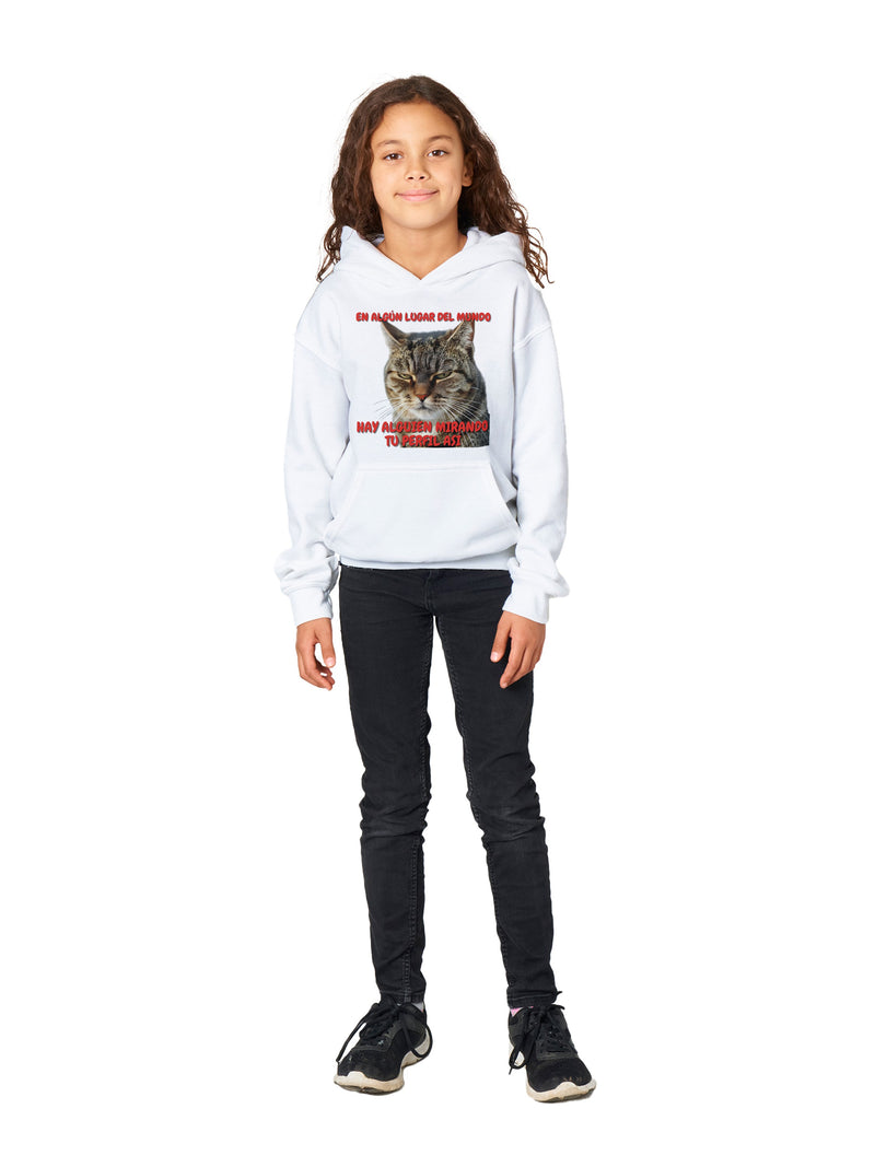 Sudadera con capucha júnior estampado de gato "Mirada Inquisitiva" Michilandia | La tienda online de los fans de gatos