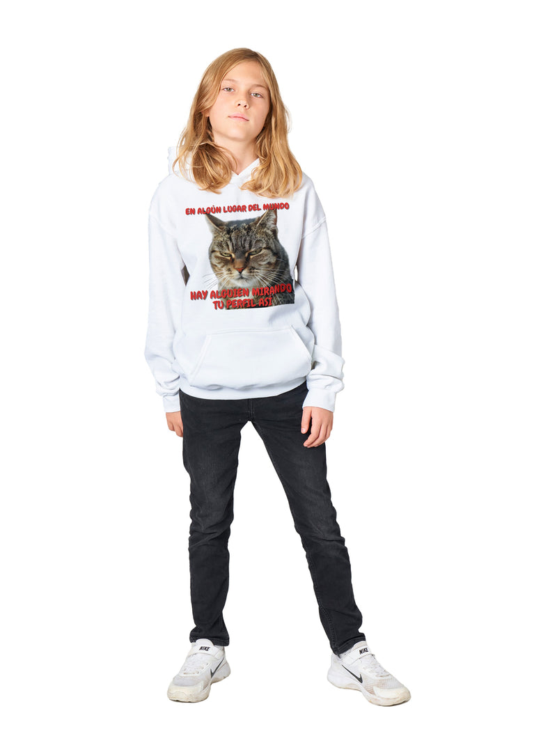 Sudadera con capucha júnior estampado de gato "Mirada Inquisitiva" Michilandia | La tienda online de los fans de gatos