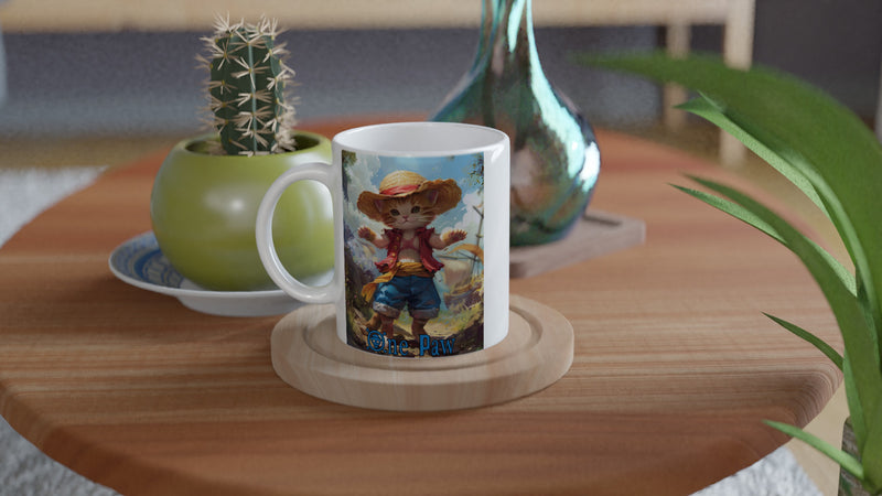 Taza Blanca con Impresión de Gato "Aventuras de Miau Luffy" Michilandia | La tienda online de los fans de gatos