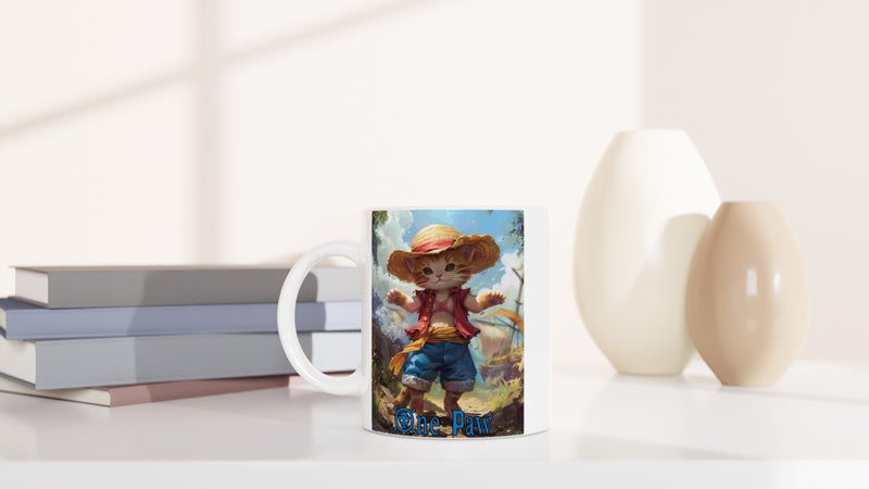 Taza Blanca con Impresión de Gato "Aventuras de Miau Luffy" Michilandia | La tienda online de los fans de gatos