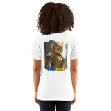 Camiseta Prémium Unisex Impresión Trasera de Gato "Caballero Gatuno de Oro" Michilandia | La tienda online de los fans de gatos