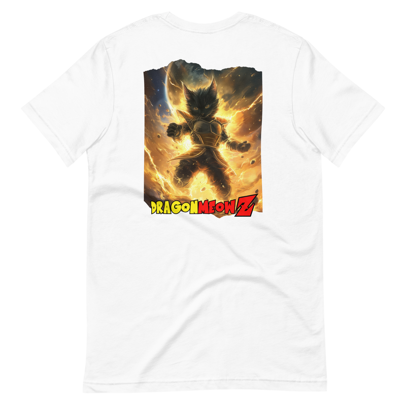 Camiseta Prémium Unisex Impresión Trasera de Gato "Tempestad Saiyajin" Michilandia | La tienda online de los fans de gatos