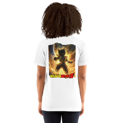 Camiseta Prémium Unisex Impresión Trasera de Gato "Tempestad Saiyajin" Michilandia | La tienda online de los fans de gatos