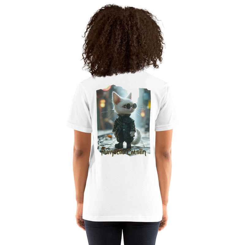 Camiseta Prémium Unisex Impresión Trasera de Gato "Exorcista Felino" Michilandia | La tienda online de los fans de gatos