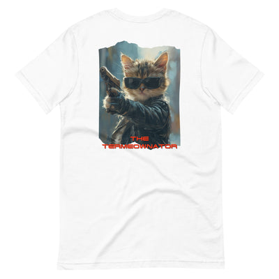 Camiseta Prémium Unisex Impresión Trasera de Gato "Hasta la Vista, Miau" Michilandia | La tienda online de los fans de gatos